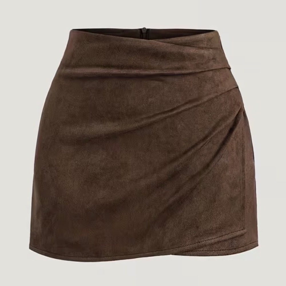 Brown Faux Suede Faux Wrap Mini Skirt XS 24 Waist Y2K Stretch Festival Fall Boho